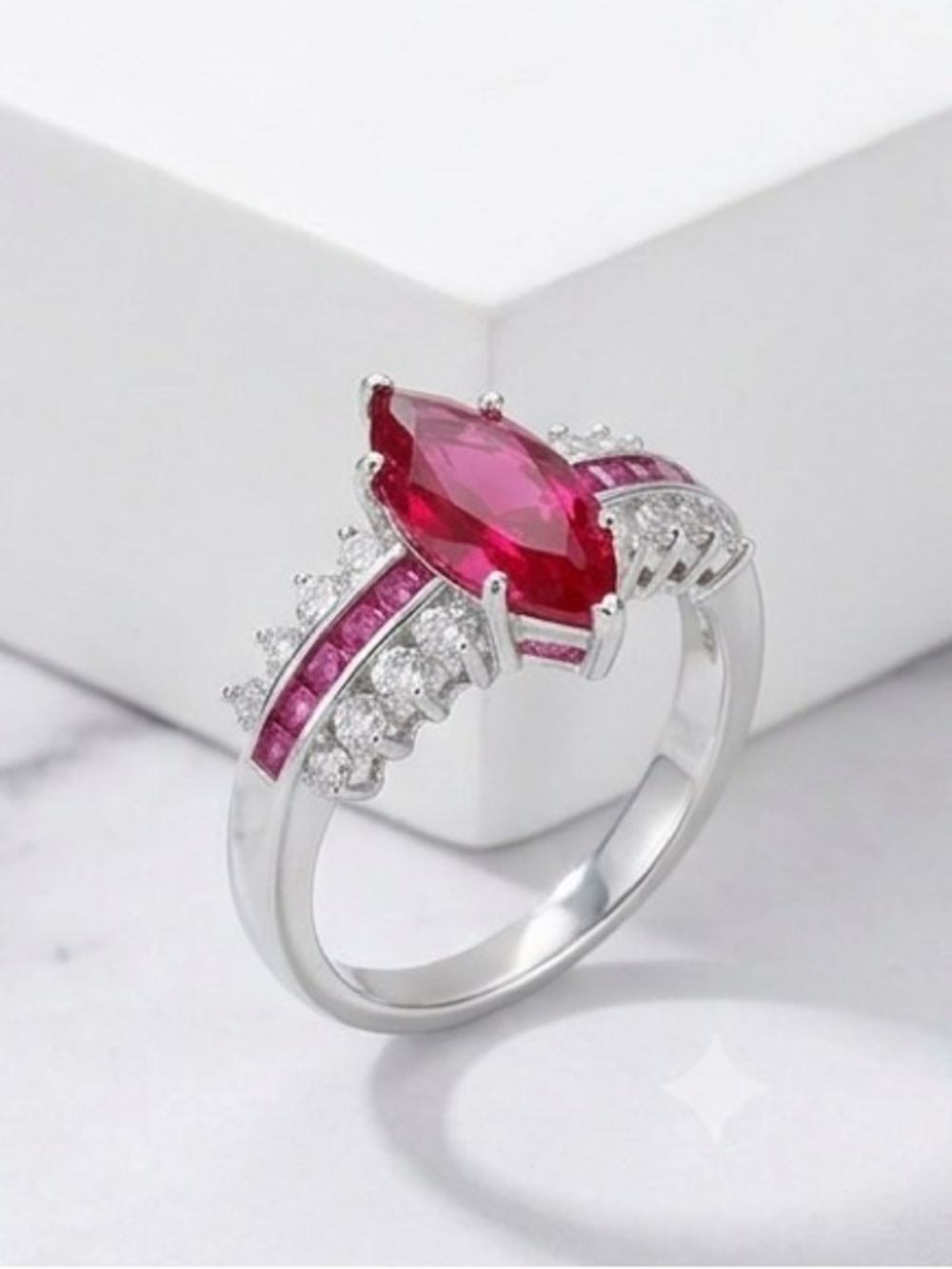 Ruby & Silver tone Marquise Solitaire Ring with Accent Stones Statement Jewelry